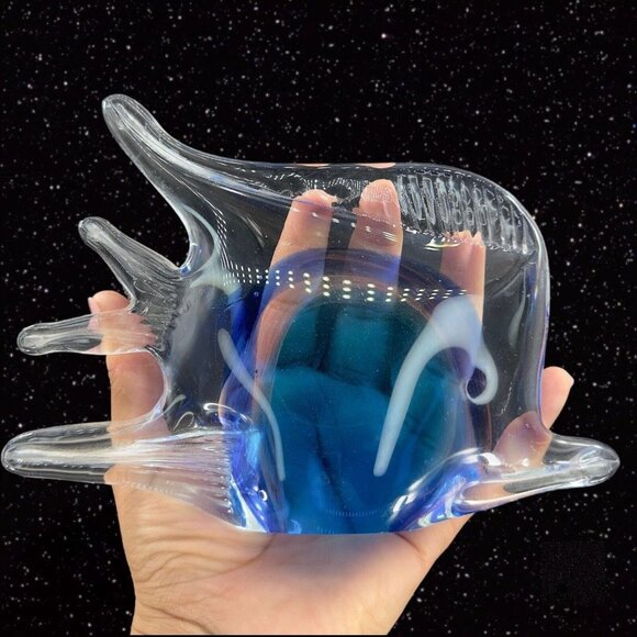 Multicolor Large Art Glass Fish Figurine Paperweight Blue W Clear Edges Heavy - Picture 10 of 14